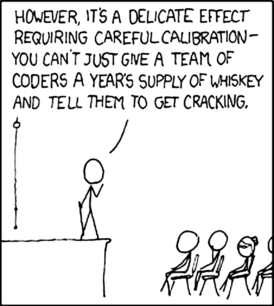 Panel from xkcd's Ballmer Peak comic warning that the effect requires careful calibration.