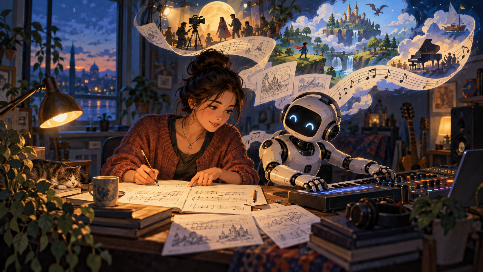 A musician and a robot collaborate in a home studio as sketches become imagined scenes of music, film, and a game world.