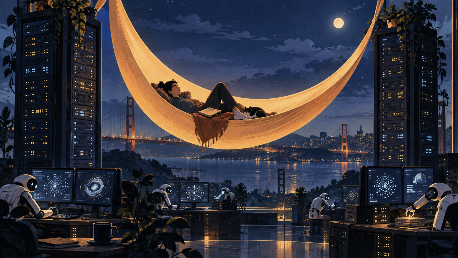 A person rests in a glowing hammock above a nighttime city while robots continue working below.