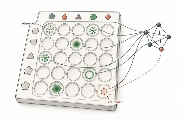 What happens in an experiment that was never run? Observed context × intervention outcomes → generalized synthetic interventions → estimate missing combinations.