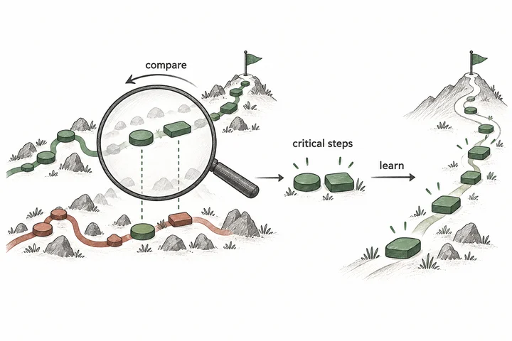 Which earlier steps made a delayed success possible? Contrast successful and failed episodes → learn prototypes of critical steps → reward reaching them.
