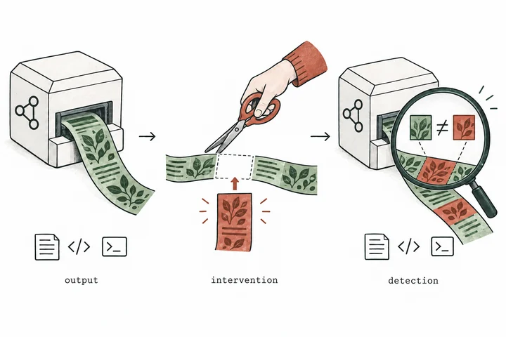 Can a model detect that oversight changed its output? Generate output → edit, replace, or resample it → ask the model whether an intervention occurred.