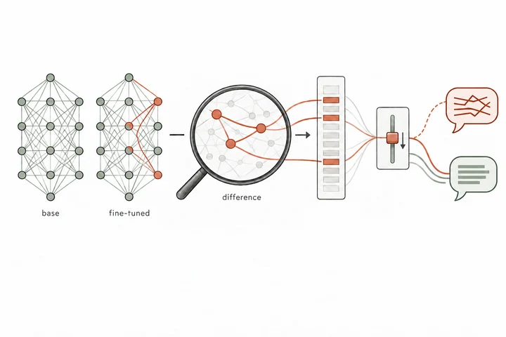 Which internal changes cause behavior introduced by fine-tuning? Matched base/fine-tuned activations → BatchTopK crosscoder with delta-focused loss → isolate changed features.