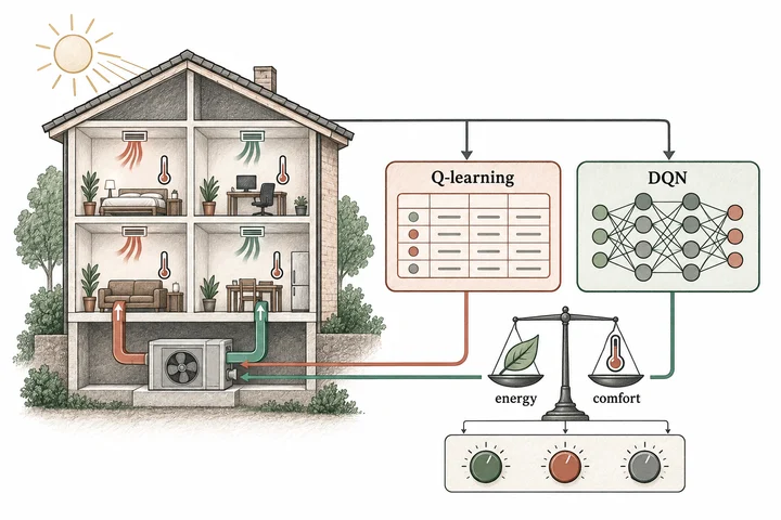 How should an RL controller balance energy use and comfort? Compare Q-learning and DQN across HVAC environments while varying rewards and hyperparameters.
