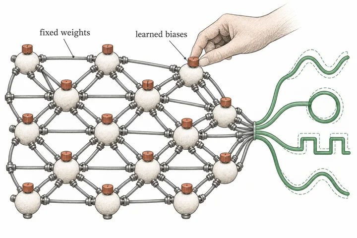 How much can a network learn if every weight stays fixed? Freeze random weights → train biases only → study feedforward and recurrent networks.